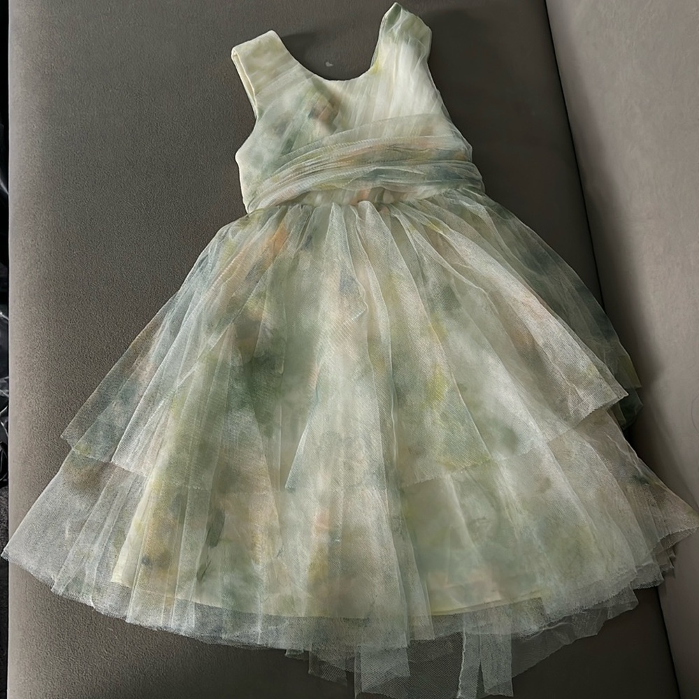 Jenny Yoo Layered Tulle Floral Dress in Green and Cream